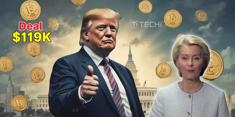 Donald Trump and Ursula von der Leyen with floating Bitcoin coins in the background, illustrating the U.S.–EU tariff deal's calming effect on the crypto market.