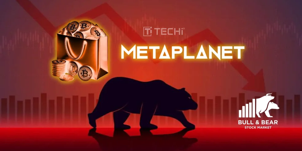 Bear market concept with Metaplanet branding, Bitcoin coins, and a red downward trend arrow illustrating stock decline despite crypto growth.