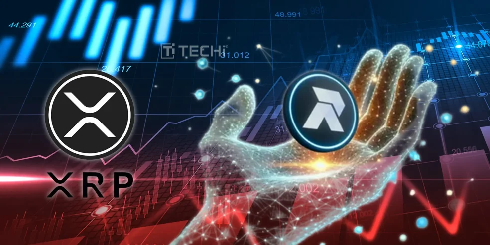 Digital hand holding XRP coin over financial charts and candlestick graphs representing crypto market volatility and price forecast.