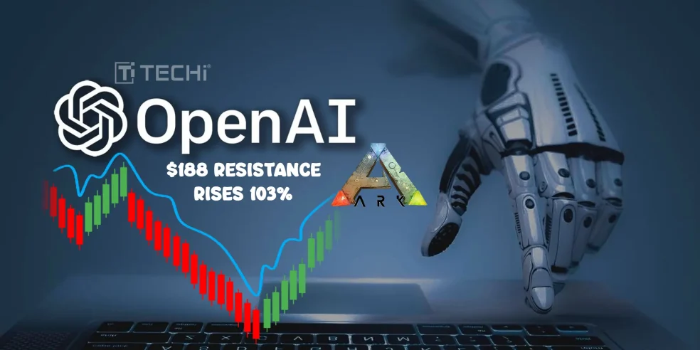 A robotic hand pointing at a keyboard with candlestick charts, OpenAI and ARK Invest logos, and the $188 resistance text—representing AI and institutional crypto trends.