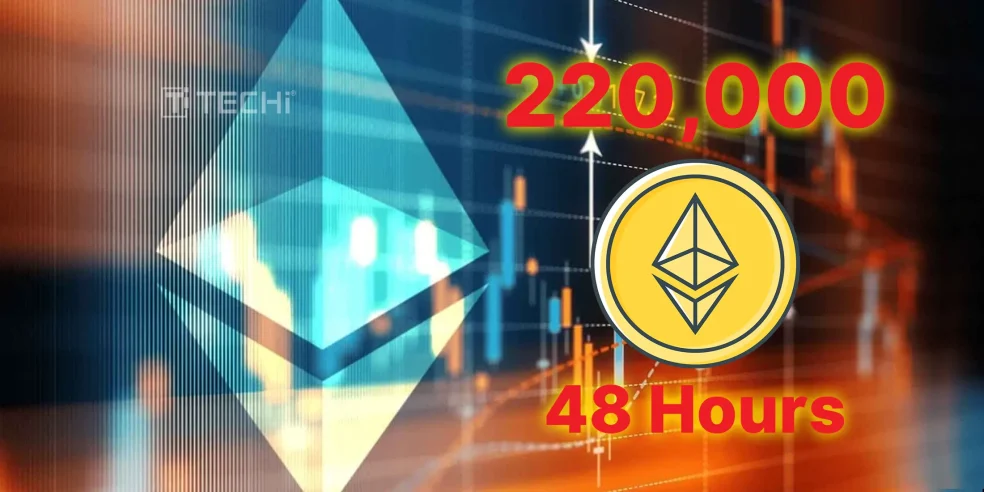 Ethereum logo with financial chart in the background and bold red text showing "220,000" and "48 Hours," indicating large-scale ETH accumulation.