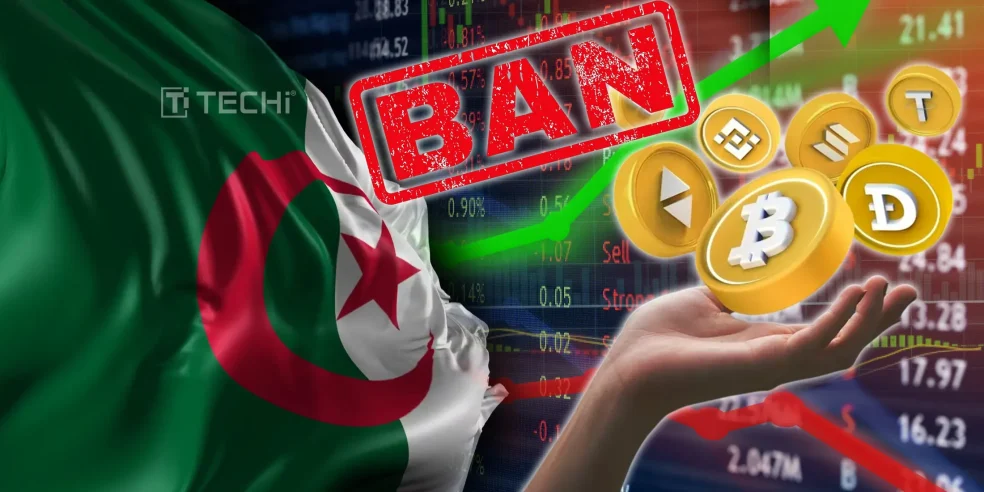 Algerian flag with BAN label and floating crypto coins including Bitcoin, Binance, and Ethereum, symbolizing Algeria’s 2025 crackdown on digital assets.