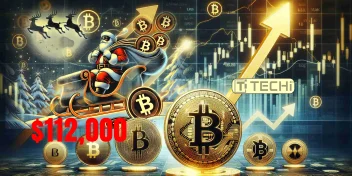 Santa riding sleigh with Bitcoin symbols and $112,000 price surge, representing Bitcoin's all-time high and festive crypto rally.