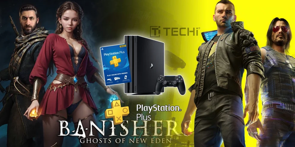 PlayStation Plus 15th anniversary image featuring characters from Cyberpunk 2077 and Banishers: Ghosts of New Eden with PS4 console and membership card