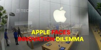 Apple retail store with large glowing Apple logo, highlighting the company’s innovation dilemma.