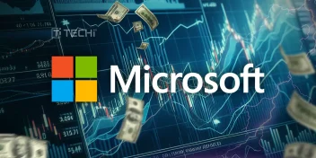 Microsoft logo over financial graphs with floating dollar bills