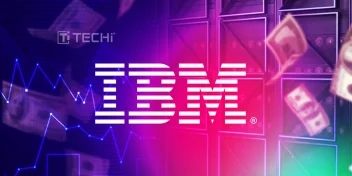 IBM logo with data servers and dollar bills in the background, representing enterprise AI and financial investment.