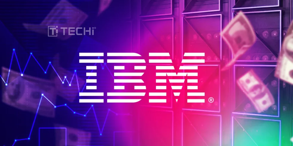 IBM logo with data servers and dollar bills in the background, representing enterprise AI and financial investment.
