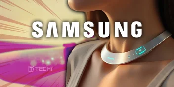 Samsung exploring futuristic wearable tech with smart necklace on woman’s neck displaying digital interface