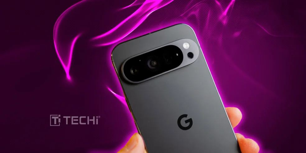 Leaked render of Google Pixel 10 showing triple rear cameras including telephoto lens, held in hand, against a pink digital background.