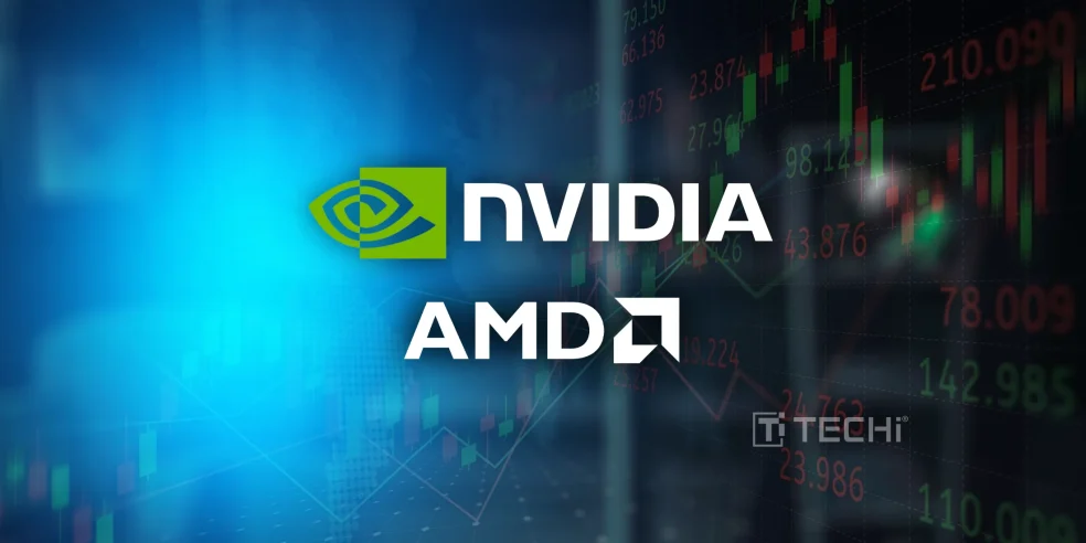 Nvidia and AMD logos over a background of rising stock charts