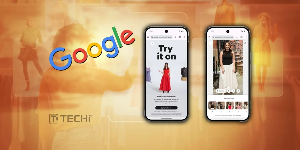 Google’s virtual try-on feature on two smartphones, showing AI-powered clothing visualization for online shoppers.
