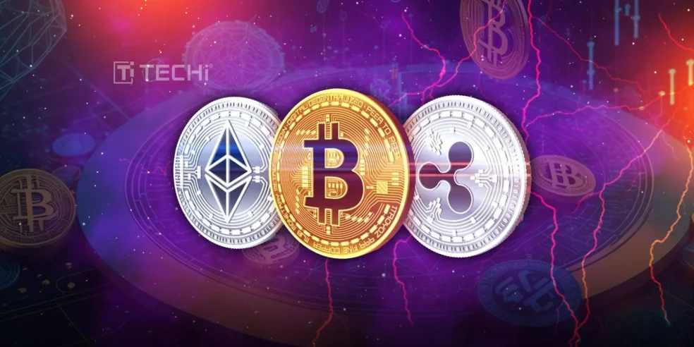 Ethereum, Bitcoin, and Ripple digital coins glowing with financial charts in the background, symbolizing a bullish crypto market recovery in 2025.