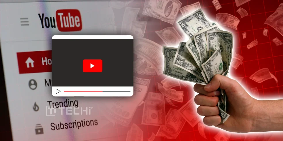 YouTube interface with a hand holding cash, symbolizing the platform’s updated monetization rules allowing profanity in early seconds of videos.