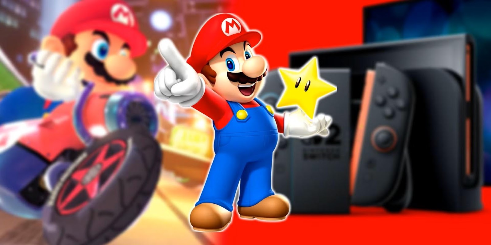 Mario pointing with a star in hand, in front of the rumored Nintendo Switch 2 console and Joy-Cons, fueling Nintendo Direct 2025 speculation.

