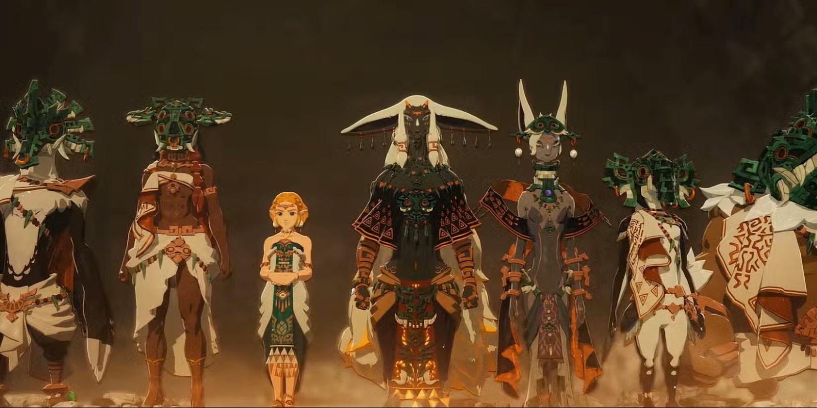 Zelda stands among ancient sages and warriors in a ceremonial scene from The Legend of Zelda: Tears of the Kingdom, showcasing rich lore and diverse characters.