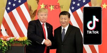 Donald Trump and Xi Jinping shake hands with U.S. and China flags in background, alongside TikTok logo on smartphone screen