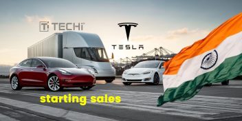 Tesla electric vehicles, including Model 3, Model S, and Tesla Semi, showcased with the Indian flag and port background, symbolizing Tesla's sales launch in India.