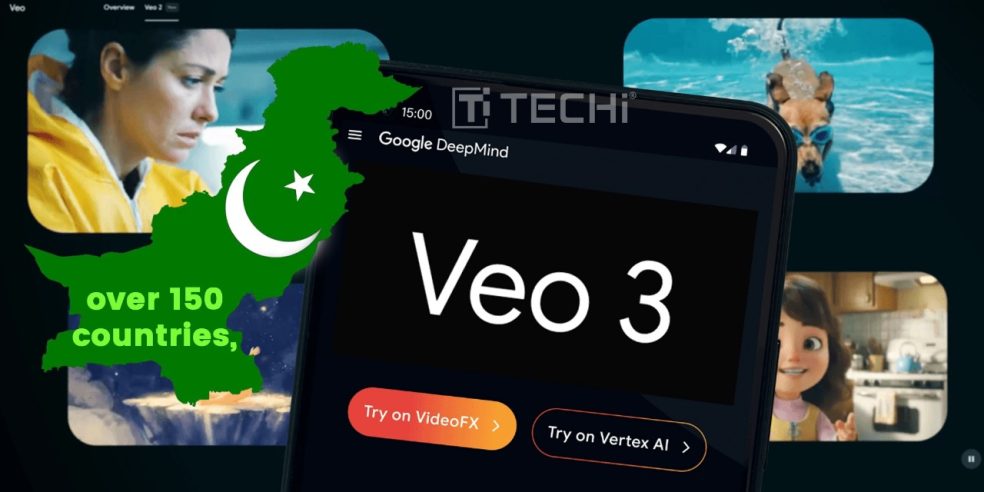 Smartphone screen displaying Google DeepMind’s Veo 3 interface, with Pakistan’s map and flag highlighting launch in over 150 countries alongside AI-generated video thumbnails in the background.