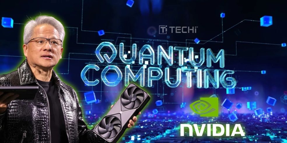 Jensen Huang holds an Nvidia GPU in front of a digital “Quantum Computing” graphic, reflecting Nvidia’s entry into quantum hybrid systems with CUDA-Q.
