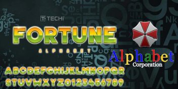 Tech-themed image showing “FORTUNE” and “Alphabet Corporation” with colorful letters and a background of scattered characters, symbolizing Alphabet's brand and market volatility.