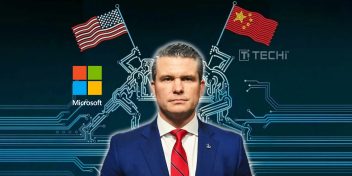 U.S. Defense Secretary Pete Hegseth with U.S. and China flags, Microsoft logo, and digital circuit design background symbolizing tech security tensions.