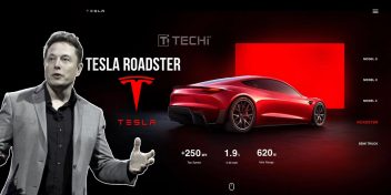 Elon Musk presenting the Tesla Roadster with key performance specs on screen, symbolizing the brand’s futuristic design and digital sales direction.