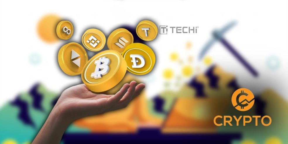Hand holding floating crypto coins like Bitcoin, Dogecoin, Binance, with mining icon in background, reflecting rising market optimism after Trump’s policy shift.