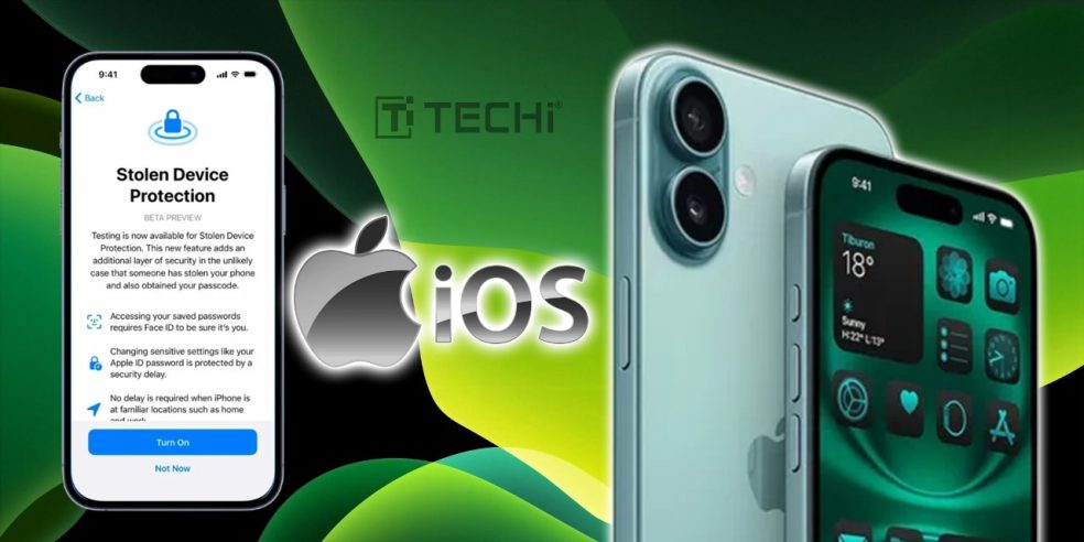 iPhones displaying Apple’s iOS 26 interface and security update features with Stolen Device Protection on screen, set against a green gradient with the Apple logo.