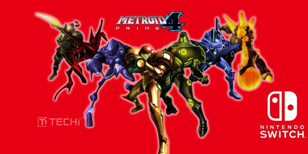Metroid Prime 4 key art showing Samus Aran and villains on a red background with Nintendo Switch and TECHi logos.