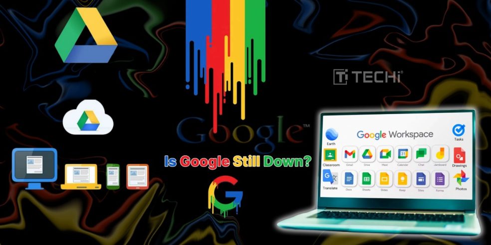 Google Workspace icons and apps on a glitchy background with a laptop showing core services like Gmail, Drive, and Meet, highlighting the July 18 outage.