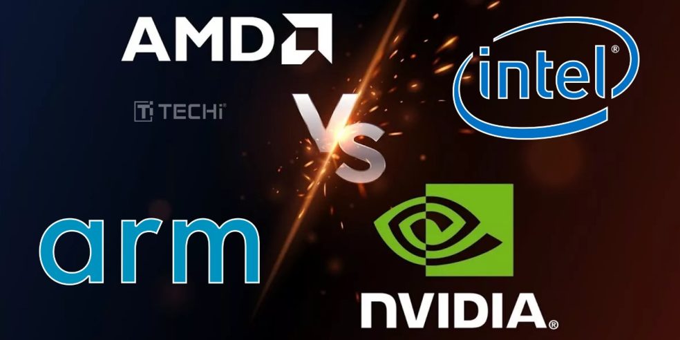 Logos of AMD, Intel, ARM, and NVIDIA positioned around a dramatic "VS" graphic, symbolizing competition in the semiconductor and AI computing industry.