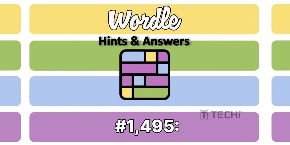 Colorful Wordle graphic with the text "Hints & Answers #1,495" displayed over yellow, green, blue, and purple tiles.