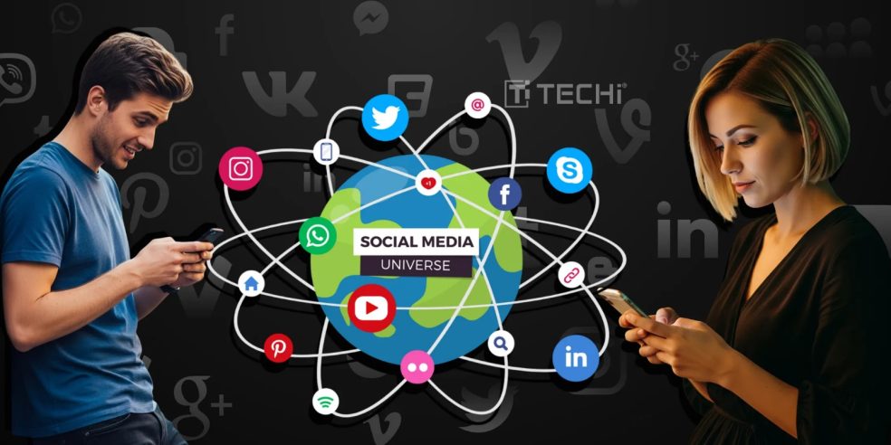 A man and woman using smartphones with a globe surrounded by social media icons representing global digital connectivity in 2025.