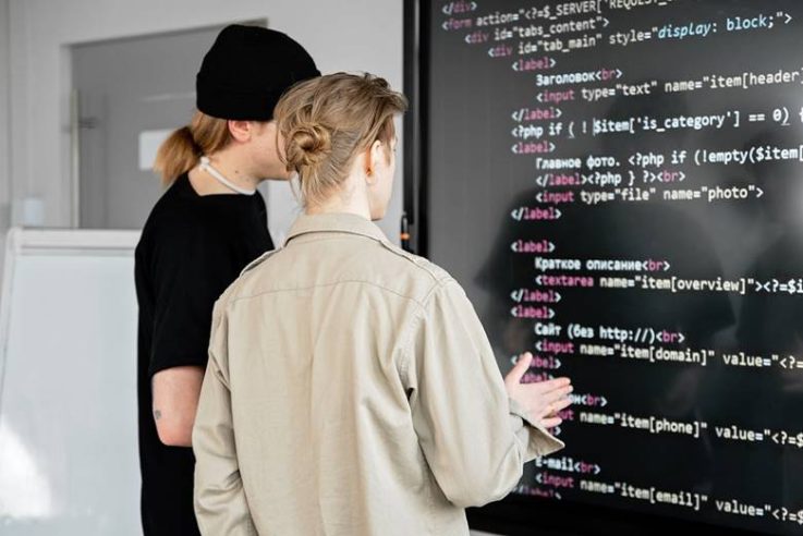 Two developers analyzing code on a large digital screen.


