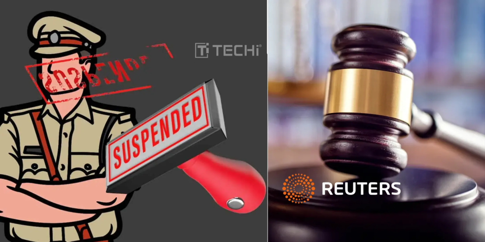 Illustration of a cartoon Indian officer stamped "Suspended" beside a judge’s gavel marked with the Reuters logo, symbolizing Reuters' social media account suspension in India due to legal demands.