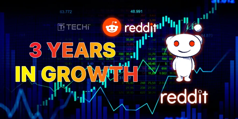 Reddit logo and mascot against a rising stock chart background with “3 Years in Growth” text, symbolizing the company’s Q2 2025 earnings surge.