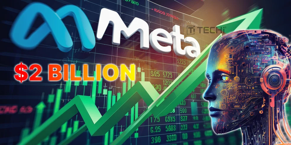 Meta logo over financial stock charts with a green upward arrow, $2 billion text, and an AI robot head, symbolizing Meta’s AI funding shift.