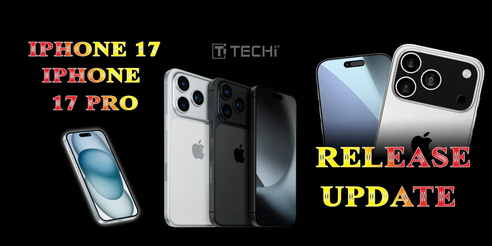 Apple iPhone 17 and iPhone 17 Pro models in silver and black with front and rear views, accompanied by release update announcement graphics.