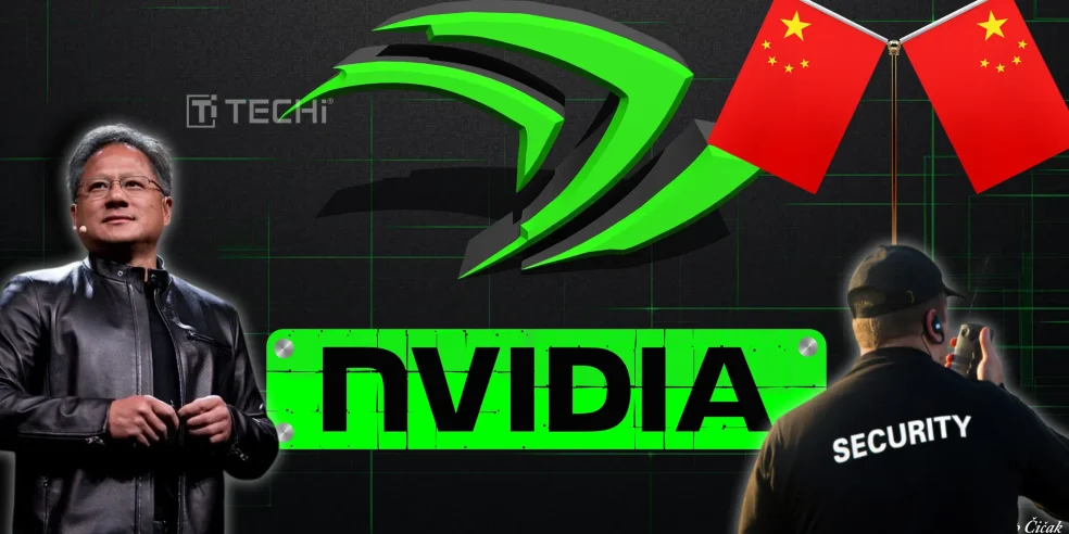 Nvidia CEO Jensen Huang, Nvidia logo, Chinese and Saudi flags, and a security officer, representing Chinese scrutiny over H20 AI chip security.