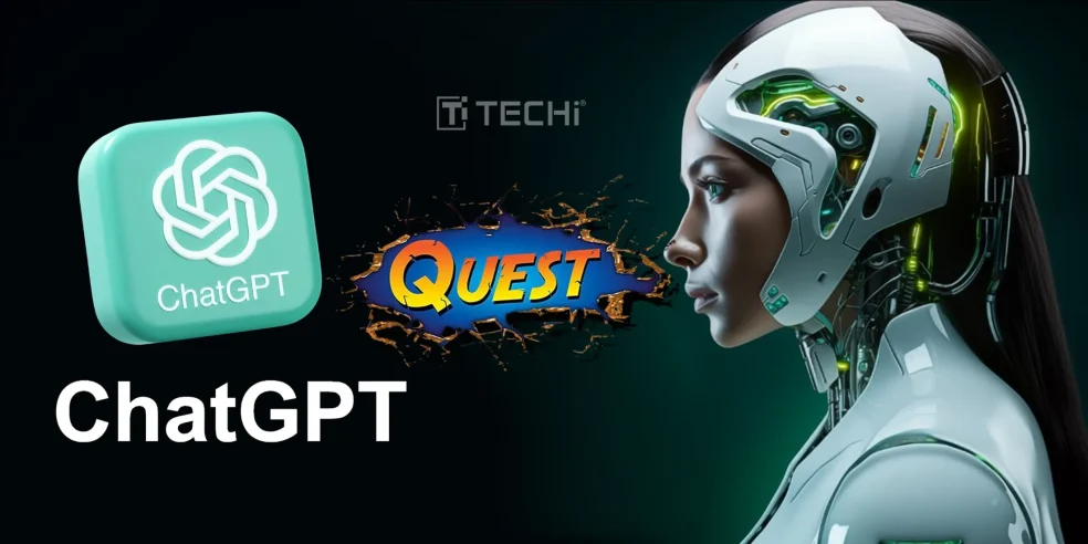 Futuristic humanoid AI robot facing ChatGPT icon and the word Quest, symbolizing OpenAI’s pursuit of reasoning-based AI agents.
