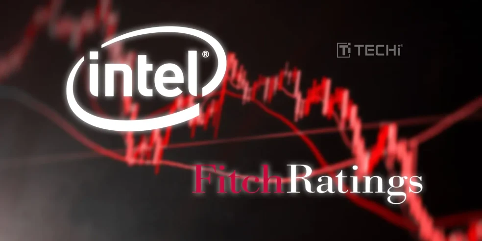 Intel and Fitch Ratings logos over a falling red stock chart, symbolizing Intel’s 2025 credit downgrade and market performance issues.