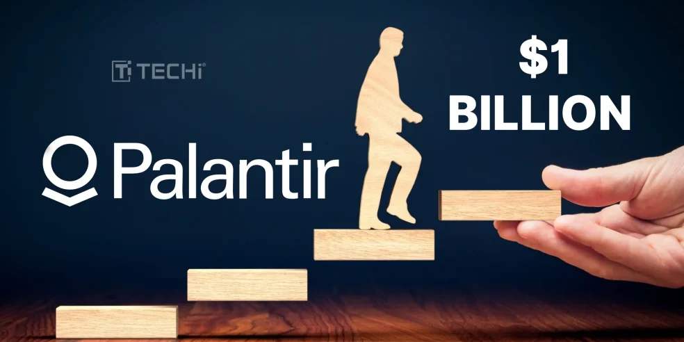Palantir logo with a wooden figure climbing steps toward a $1 billion revenue goal, symbolizing financial success and corporate growth.