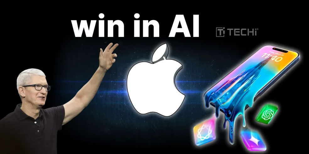 Tim Cook gestures next to the Apple logo and a futuristic AI-powered iPhone, symbolizing Apple’s commitment to leading in artificial intelligence in 2025.