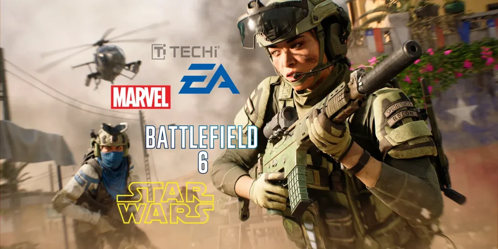 Two soldiers in tactical combat gear from Battlefield 6 with EA, Marvel, Star Wars, and TECHi logos, symbolizing EA’s 2025 gaming portfolio strategy.