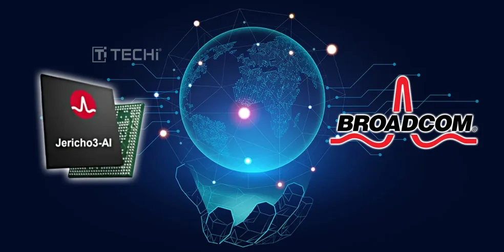 Broadcom Jericho3-AI chip and logo with a digital globe, symbolizing AI data center network innovation.