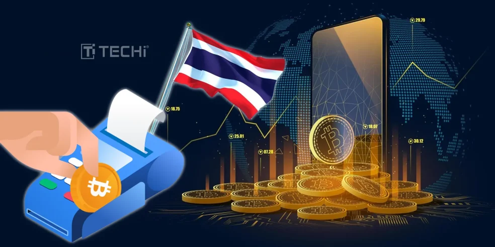 Thailand flag with Bitcoin POS machine and digital crypto coins representing Thailand's crypto payment sandbox plan.