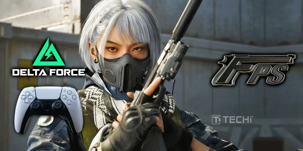 Female FPS character in tactical gear holding a rifle, with Delta Force and FPS logos, and a PlayStation controller