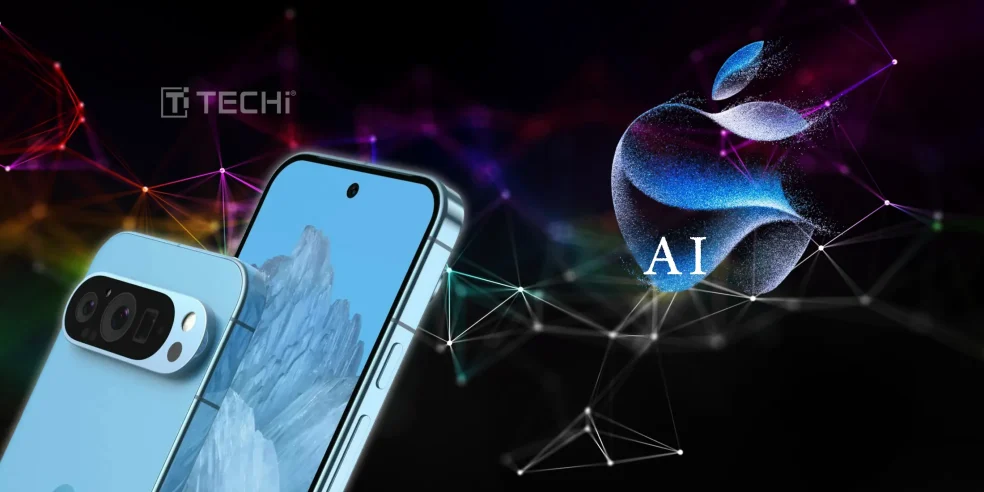 Apple AI logo with futuristic smartphone concept, symbolizing the integration of artificial intelligence in next-generation iPhones.