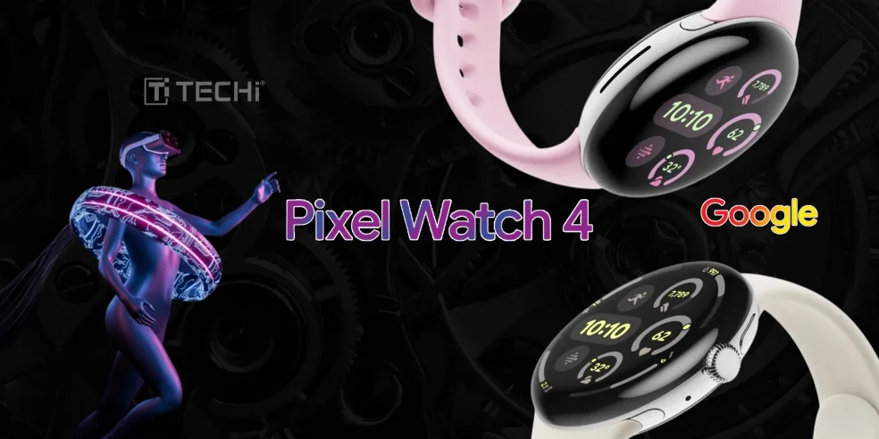 Google Pixel Watch 4 in pink and white bands showcasing fitness tracking features and AI integration, with futuristic tech-inspired background.